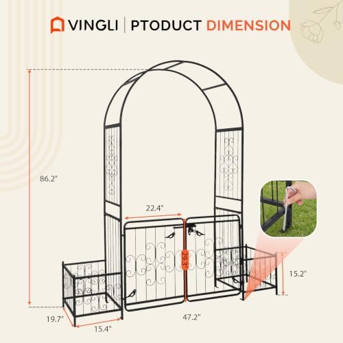 vingli garden arbor arch with gate and planter showing dimensions