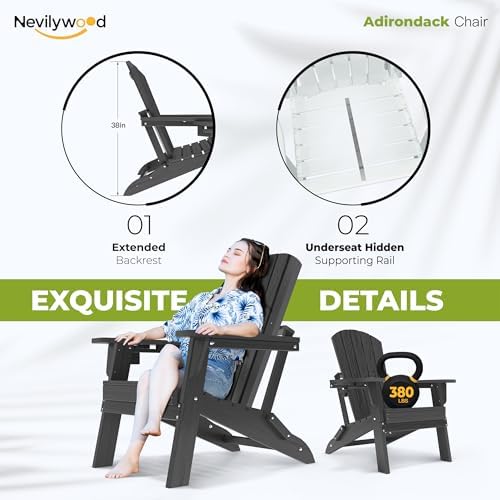 Folding Adirondack Chairs Set of 4, HDPE Cup Holders, Black | Patent pinless folding design, 380lbs, Extended backrest, Natural Wood Look, maintenance-free, All-Weather, Quick setup
