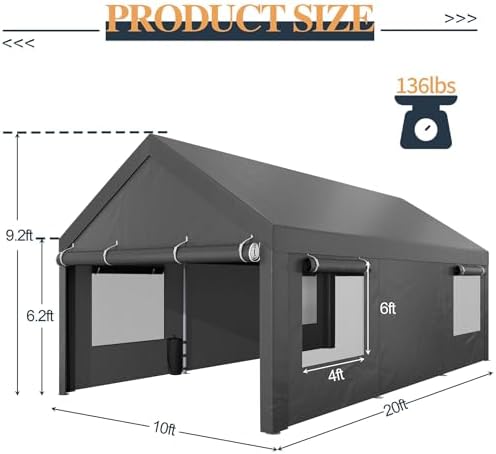 shintenchi carport 10' x 20' heavy duty portable shown in use