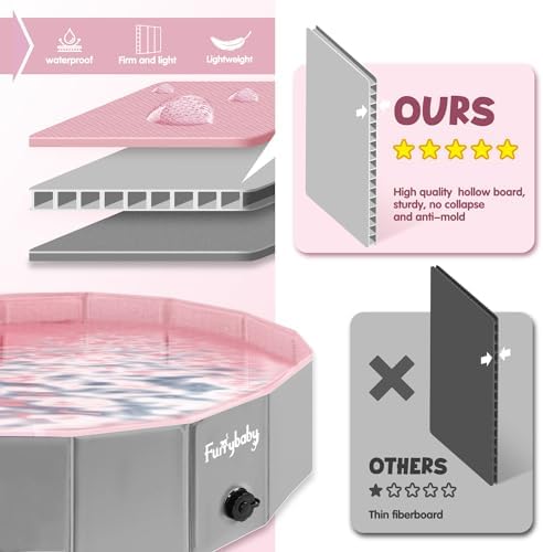 Furrybaby Foldable Dog Pool Non-Slip Hard Bath Tub Indoor Outdoor Pets Kids | Collapsible rigid dog pool with non-slip PVC, durable hard plastic tub, portable indoor & outdoor use for pets and kids, pink