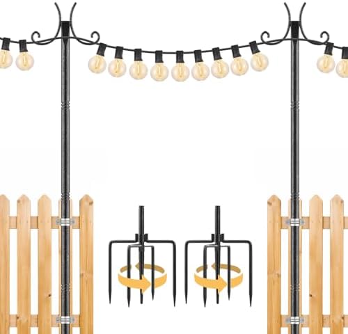 2 Pack String Light Poles for Outside, 10 FT Heavy Duty Metal Festoon Poles with 4-Prong Ground Stake, Adjustable Height Light Stand for Backyard Garden Patio Wedding Party