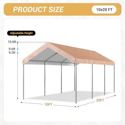aoxun 10x20 ft heavy duty carport, adjustable height, front angle view