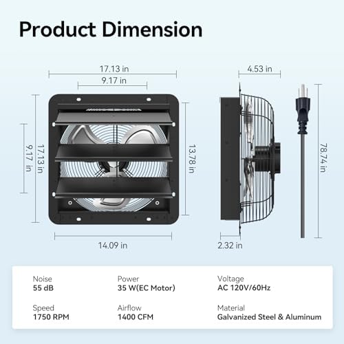 addlon 16" shutter exhaust fan, remote 8-speed 60w, side view