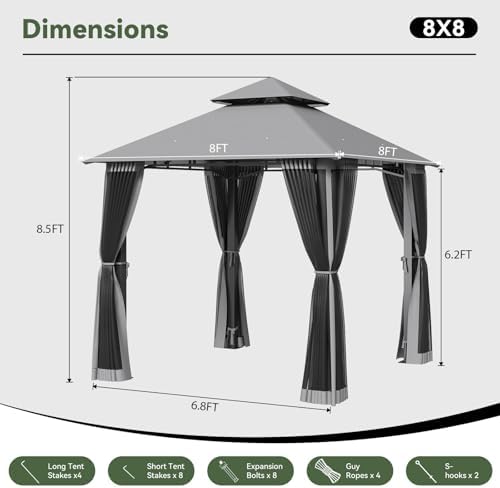 aoxun 8'x8' gazebo with double roof & mosquito, view 9