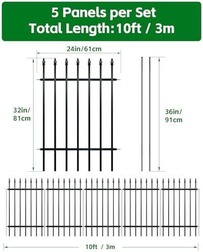arifaro 5 panel metal garden fence 32" h showing dimensions