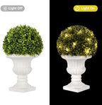 artificial boxwood topiary plants with vase, artificial boxwood, front angle view