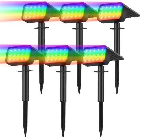 Solar Spot Lights Outdoor, 6 Pack Multicolor Outdoor Solar Lights for Yard, 4 Lighting Mode Solar Landscape Spotlights with Auto On/Off, Waterproof IP67 Wall Lights for Garden, Walkway (75 LED, RGB)