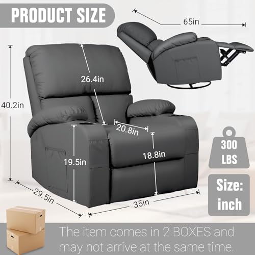 Rocking Recliner Chair, Massage Rocker Recliner Chair with Vibration Massage and Heat, 360° Swivel Faux Leather Chairs, Living Room, Bedroom, Nursery, RV, Dark Grey