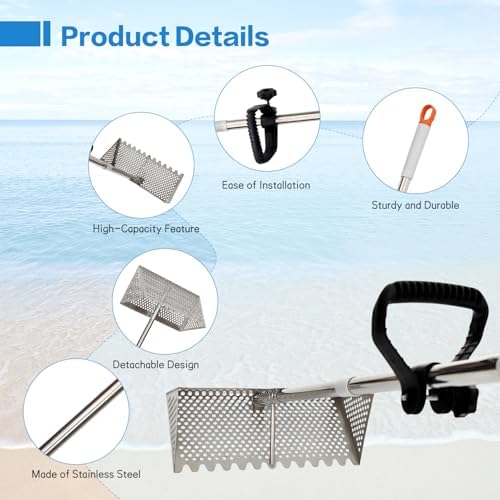 sand flea rake, detachable long handle sand sifter, close-up detail