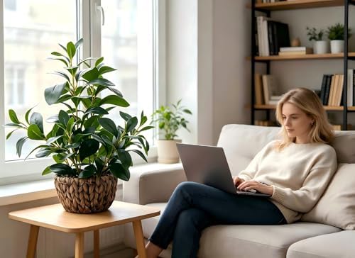 alphaacc fake indoor ficus plant in rattan basket, front angle view