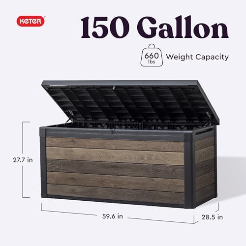 keter signature collection 150 gallon resin deck box shown in use
