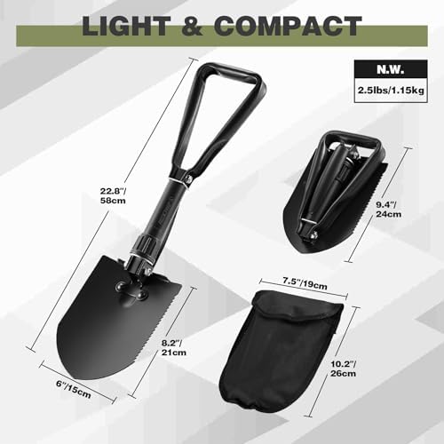 redcamp 23" military folding camping shovel, tri-fold survival shown in use