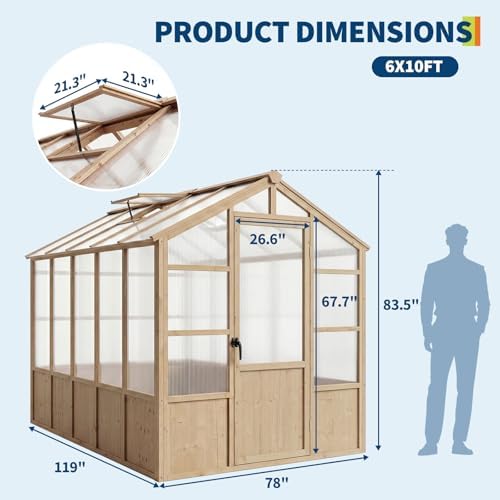 heavy duty walk-in wooden greenhouse kit, 4mm polycarbonate, front angle view