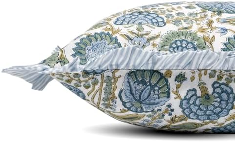 ridhi asparagus green block print ruffle pillow sham, close-up detail