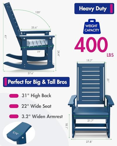 BRIOPAWS Outdoor Rocking Chairs | Set of 2 | Porch Rockers | HDPE Plastic| Blue | Oversized | Patio Rocker Chair | High Back | for Big Man | Weather Resistant | for Outside Deck Balcony Front Backyard