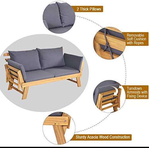 tangkula convertible acacia wood patio sofa bed with, front angle view