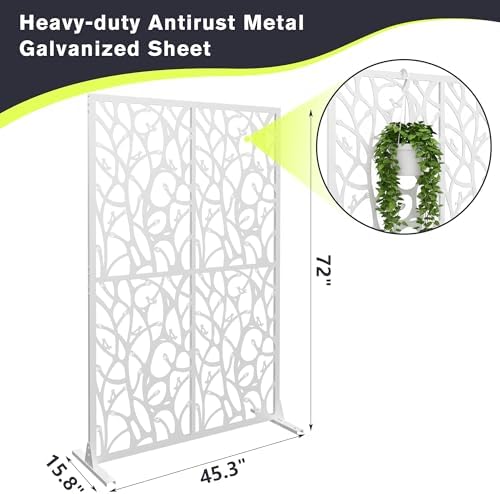 72" metal privacy screen bird pattern, white freestanding shown in use