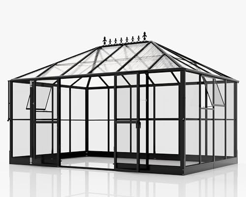 howe 14x9.5x9 ft pavilion styled greenhouse with clear, front angle view