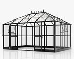 howe 14x9.5x9 ft pavilion styled greenhouse with clear, front angle view
