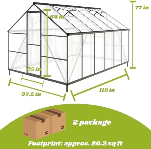 8x10 ft outdoor greenhouse with roof vent, dark shown in use