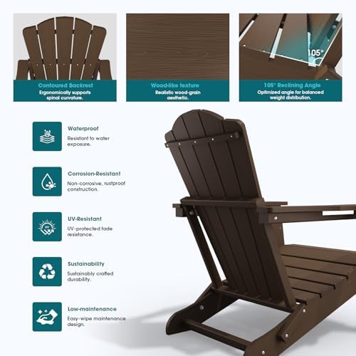 THOEOE Folding Adirondack Chair Set of 2, HDPE Plastic Patio Chairs | All-Weather Outdoor Chairs, Oversized Fire Pit Chairs, with Cup Holder, Wood Grain, for Deck, Backyard, Garden, Lawn, Brown