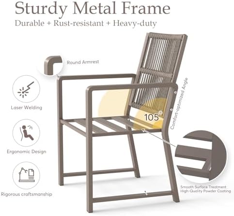 Outdoor Patio Dining Chair, 400 Lbs, Light Brown, Set of 2 | All-weather Woven Rope, Sturdy Frame,Ergonomic Backrest, Removable Breathable Cushion,for Patio & Garden