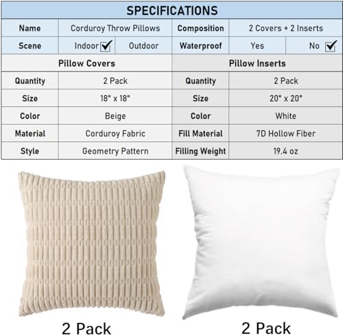corduroy decorative throw pillow with inserts, 18x18 inch shown in use