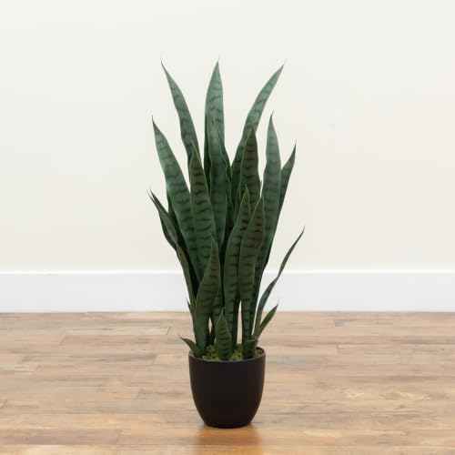 nearly natural 35in artificial snake plant with black, front angle view