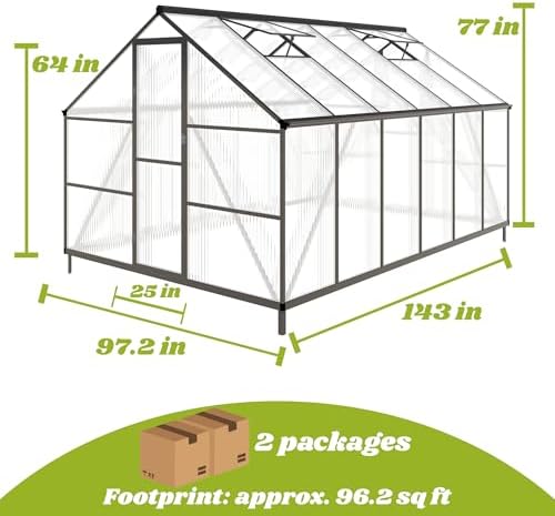 8x12ft greenhouse kit with roof vent, dark gray shown in use
