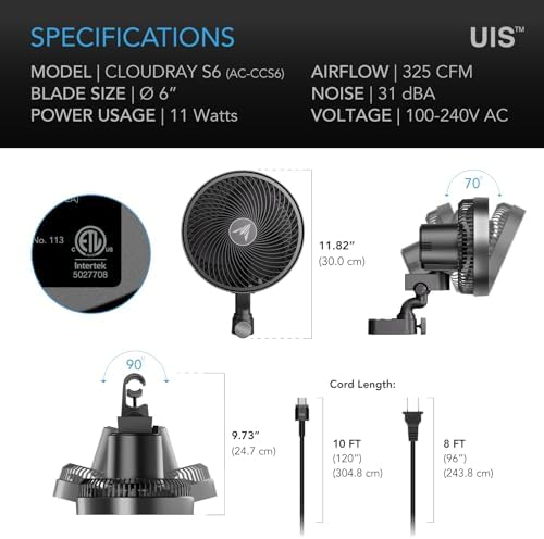 ac infinity cloudray s6 grow tent oscillating clip on a desk or shelf