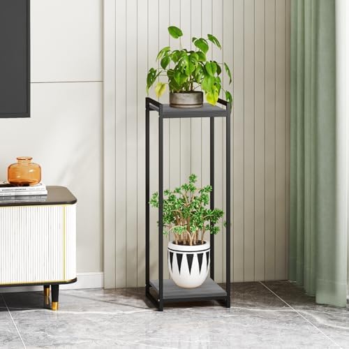 2-tier oak grey plant stand indoor 34" tall, side view