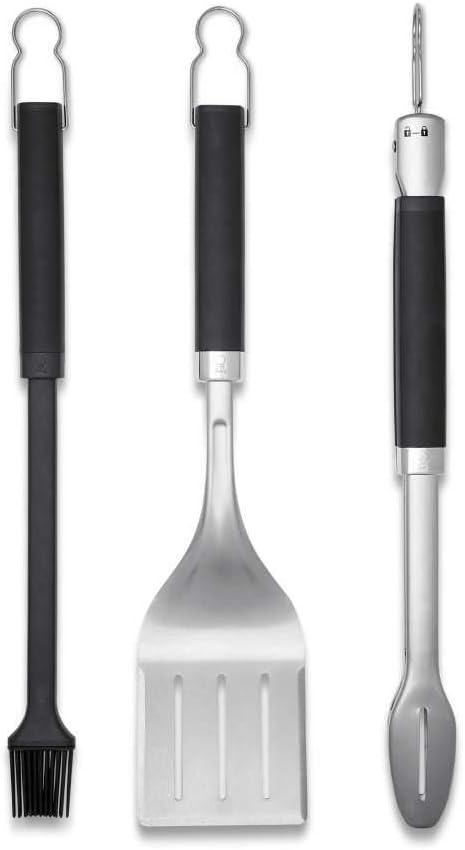 Weber Premium BBQ Tools Set - 3 Pcs | Stainless Steel Tongs, Spatula & Baster for Barbeque Cooking | BBQ Metal Utensils BBQ Accessories for Outdoor Cooking & Grilling - Silver (6764)