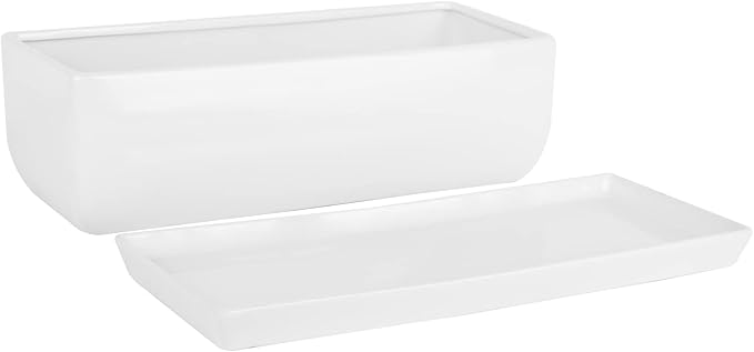 Vencer 14 Inch Rectangular Modern Minimalist Ceramic Succulent Planter Pot - Window Box with Saucer,Office Desktop Potted Stand,White,VF-0173W