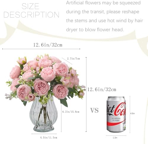 artificial peonies silk flowers in glass vase faux, close-up detail
