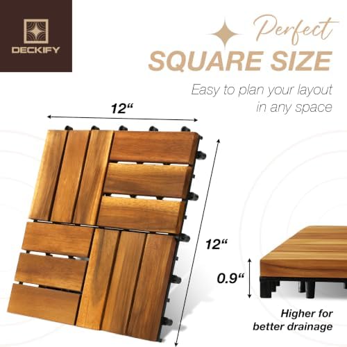 9-piece acacia wood interlocking deck tiles, golden teak showing dimensions