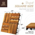 9-piece acacia wood interlocking deck tiles, golden teak showing dimensions