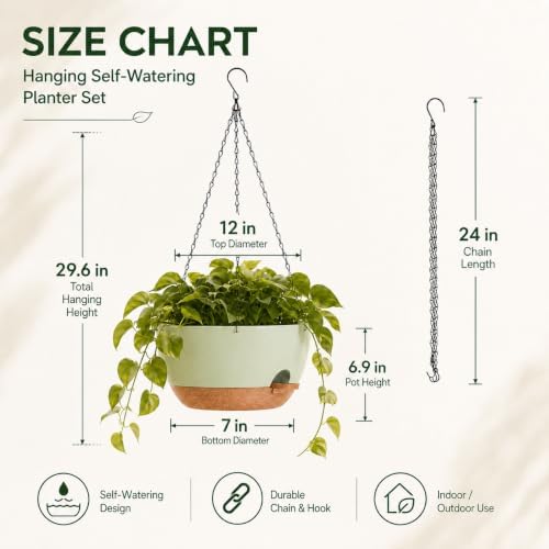 12 inch self‑watering hanging planters plant pots, green‑brown, close-up detail