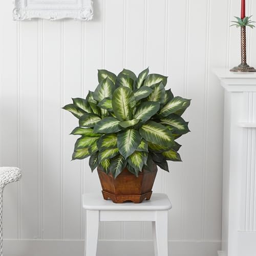 nearly natural 24 in artificial golden dieffenbachia plant on a desk or shelf
