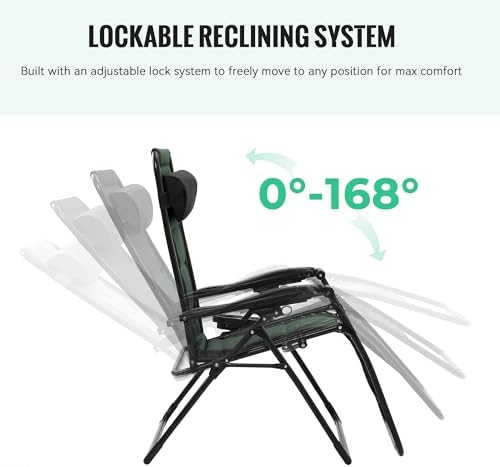 JEAREY Oversized Padded Zero Gravity Chairs, Folding Lounge Chair Outdoor Patio Recliner, Anti Gravity Chair for Backyard with Headrest, Cup Holder, Side Tray, Polyester Mesh - Black/Dark Green