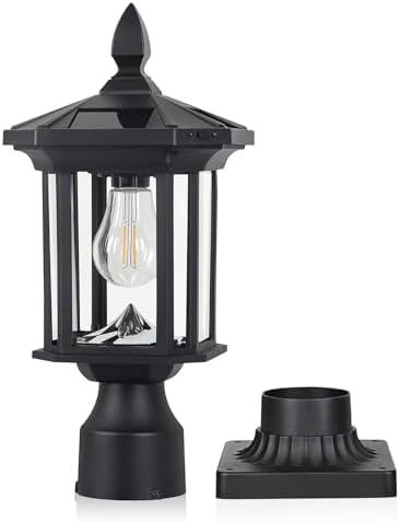 Solar Post Light, Outdoor Waterproof LED Pillar Lights with Glass and Pier Mount Base Solar Lamp Post Light ST4368Q Fits 6x6 Wooden Posts for Gates Yard Pole Column Garden Deck Pathway Driveway