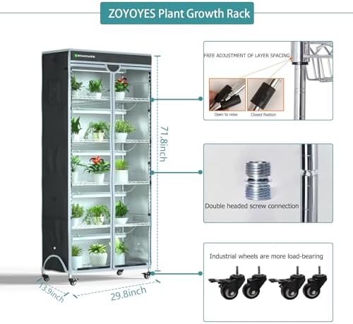 indoor greenhouse with grow lights & cover, 29.8"x13.9"x71.8", side view