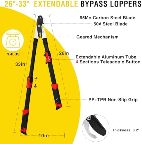yesker 26-33 inch extendable bypass loppers for tree, close-up detail