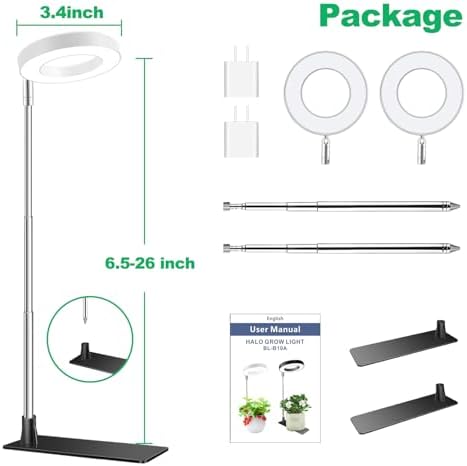 Aokrean Grow Lights for Indoor Plants, 3.5in Full Spectrum with Base 2 Pack | 48LEDs Halo Plant Light for Small Plants, Base/Soil Insert, 6.5-26in Adjustable, 3 Spectra, 3/9/12H Timer, 10 Brightness