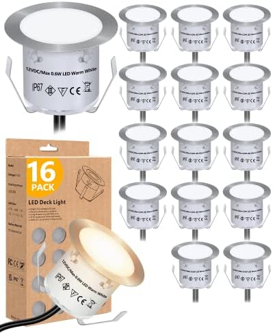 HIBOITEC Recessed LED Deck Light Kits(16Pack), 12V Low Voltage Landscape Lighting IP67 Waterproof Outdoor Step Stair Lights Warm White Deck Lighting for Garden Yard Steps Stair Patio Floor Decoration | 12V Low Voltage Landscape Lighting, IP67 Waterproof