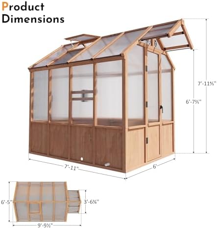 modern shade everbloom 6.5'x8' wooden greenhouse, 8' extra-tall, close-up detail