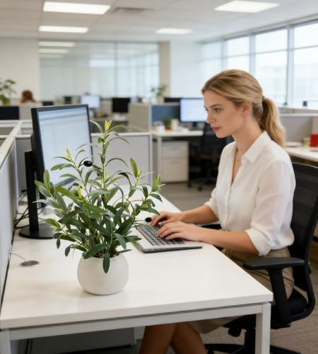 17" artificial olive plant white ceramic planter indoor, side view