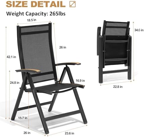 folding patio chairs set of 2, aluminum high, close-up detail
