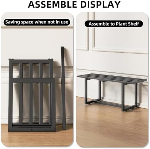 plant stand, foldable metal shelf, indoor outdoor,black on a desk or shelf
