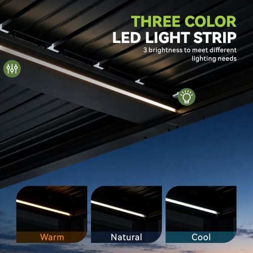 aoxun motorized louvered pergola 9'x12' with led lights, side view