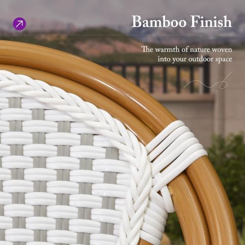PURPLE LEAF Outdoor Dining Chair Set of 4 Bamboo Finish White Gray | Bamboo Finish Parisian Charm, Coated Aluminum Less Upkeep, Two-Tone Weave Easy Match, French Wicker Timeless Style, Armless
